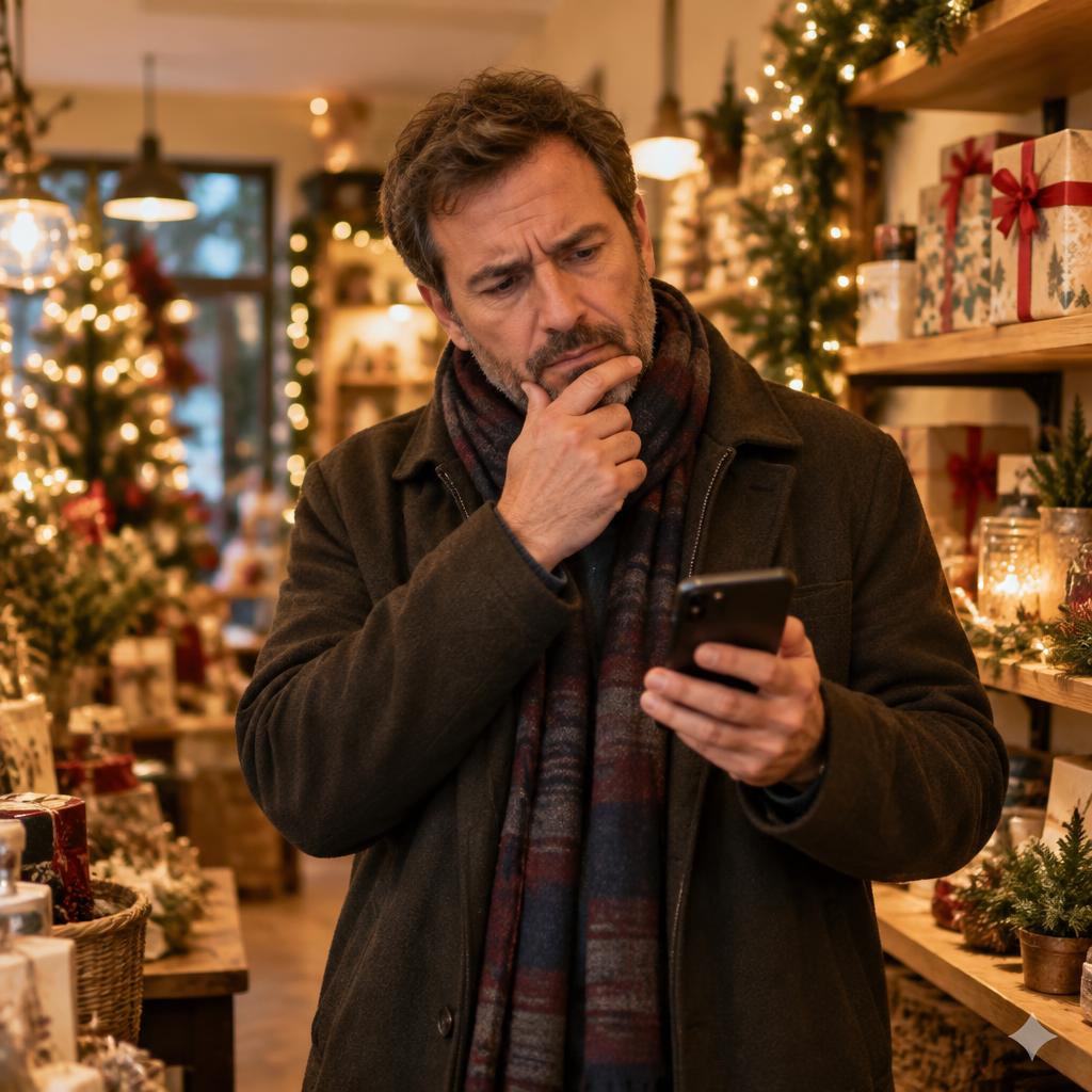 A man in a holiday-decorated shop looking unsure while scrolling on his phone, trying to figure out what gift to buy.